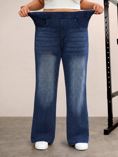 Flexra Jean en denim extensible à jambe droite décontracté d'été, grande taille pour femmes, taille élastique, confort quotidien, vacances, brunch, bleu poussiéreux