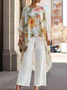 SHEIN Floral Print High Low Hem Longline Top & Wide Leg Pants Set - White - View 2
