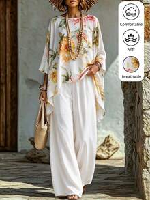 SHEIN Floral Print High Low Hem Longline Top & Wide Leg Pants Set - White - View 5