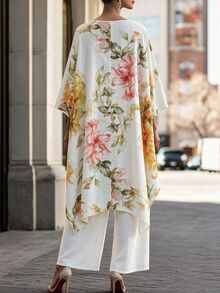 SHEIN Floral Print High Low Hem Longline Top & Wide Leg Pants Set - White - View 4