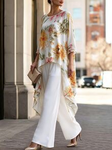 SHEIN Floral Print High Low Hem Longline Top & Wide Leg Pants Set - White - View 7