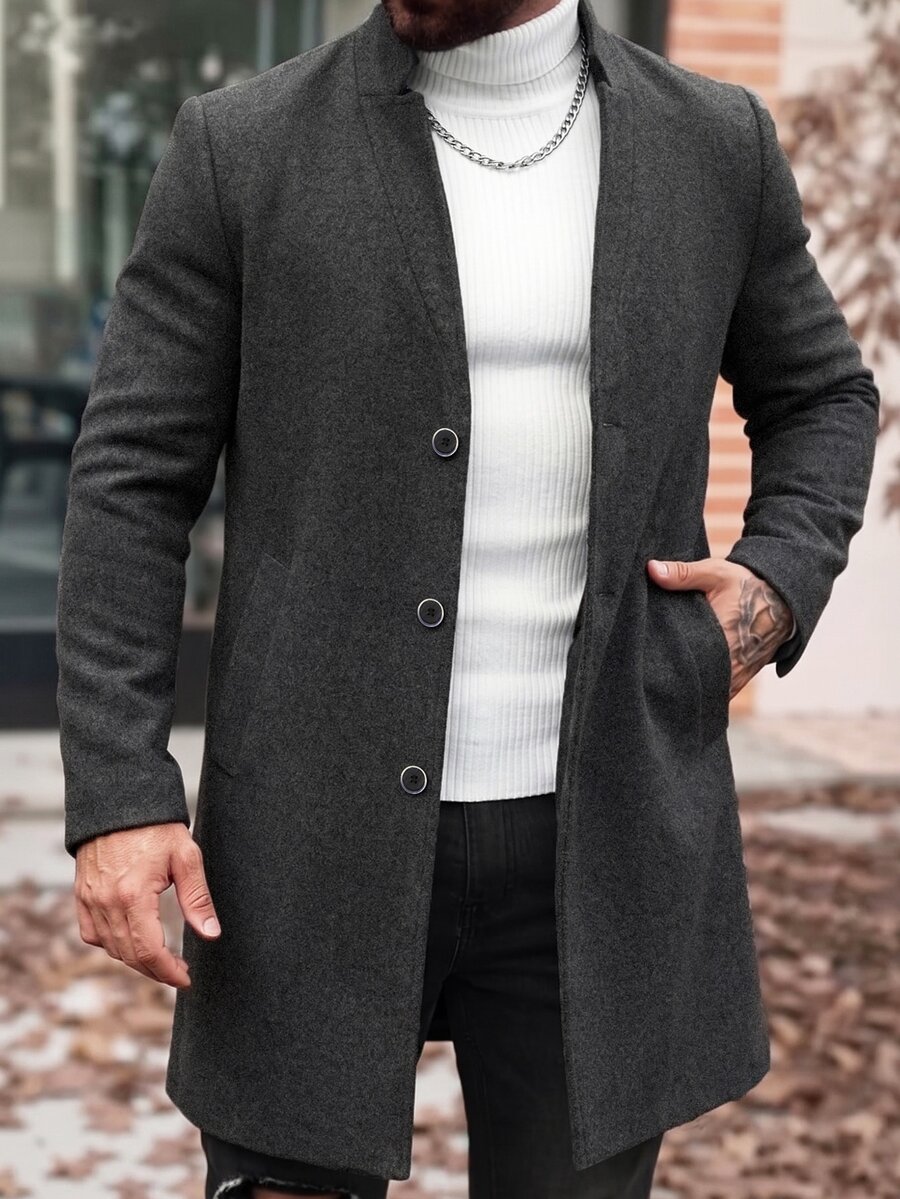 Manfinity Mode Men's Classic Grey Overcoat, Mature Business Vintage Autumn/Winter Daily Overcoat - Dark Grey - View 1