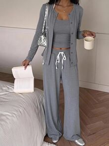 SHEIN EZwear Summer/ Comfortable Knit Casual 3 Pieces Set Lounge Grey - Grey - View 8