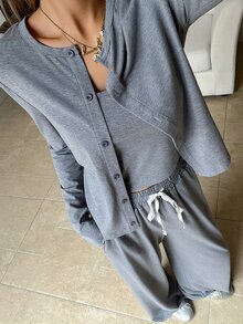 SHEIN EZwear Summer/ Comfortable Knit Casual 3 Pieces Set Lounge Grey - Grey - View 6