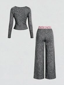 Sweetra 女款蕾絲飾邊V領長袖純色T恤與喇叭褲，秋季套裝，2件組居家日常穿搭，黑色與粉色，可愛休閒風 - 灰色 - 查看 2