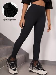 SHEIN Quần legging ôm dáng màu đen phong cách thường ngày cho bé gái tuổi teen, gấu bèo nhún, ống loe lưới, quần dài co giãn cao - màu đen - Xem 6