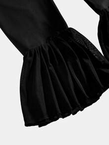 SHEIN Quần legging ôm dáng màu đen phong cách thường ngày cho bé gái tuổi teen, gấu bèo nhún, ống loe lưới, quần dài co giãn cao - màu đen - Xem 4