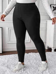 SHEIN LUNE 女款大尺碼黑色緊身褲－舒適修身冬季緊身長褲 - 黑色 - 查看 5