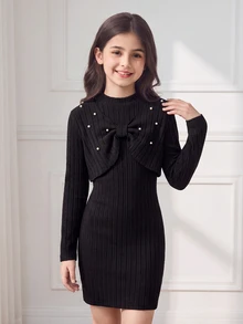 SHEIN 2pcs/Set Tween Girl Casual Outfit, Fall Outfits, Long Sleeve Crop Top With Pearl Decor & A-Line Bodycon Mini Dress, Spring & Autumn - Black - View 1
