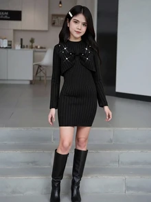 SHEIN 2pcs/Set Tween Girl Casual Outfit, Fall Outfits, Long Sleeve Crop Top With Pearl Decor & A-Line Bodycon Mini Dress, Spring & Autumn - Black - View 2