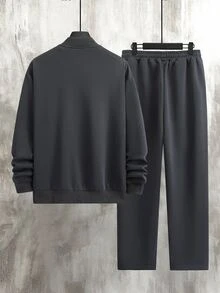 Manfinity CasualCool Men's Colorblock Baseball Collar Long Sleeve Jacket And Pants Casual Daily Set - Dark Grey - View 8
