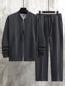 Manfinity CasualCool Men's Colorblock Baseball Collar Long Sleeve Jacket And Pants Casual Daily Set - Dark Grey - View 7