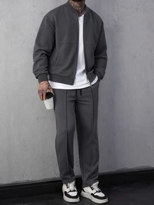 Manfinity CasualCool Men's Colorblock Baseball Collar Long Sleeve Jacket And Pants Casual Daily Set - Dark Grey - View 6