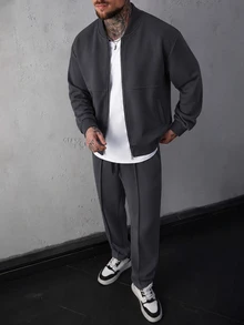 Manfinity CasualCool Men's Colorblock Baseball Collar Long Sleeve Jacket And Pants Casual Daily Set - Dark Grey - View 1
