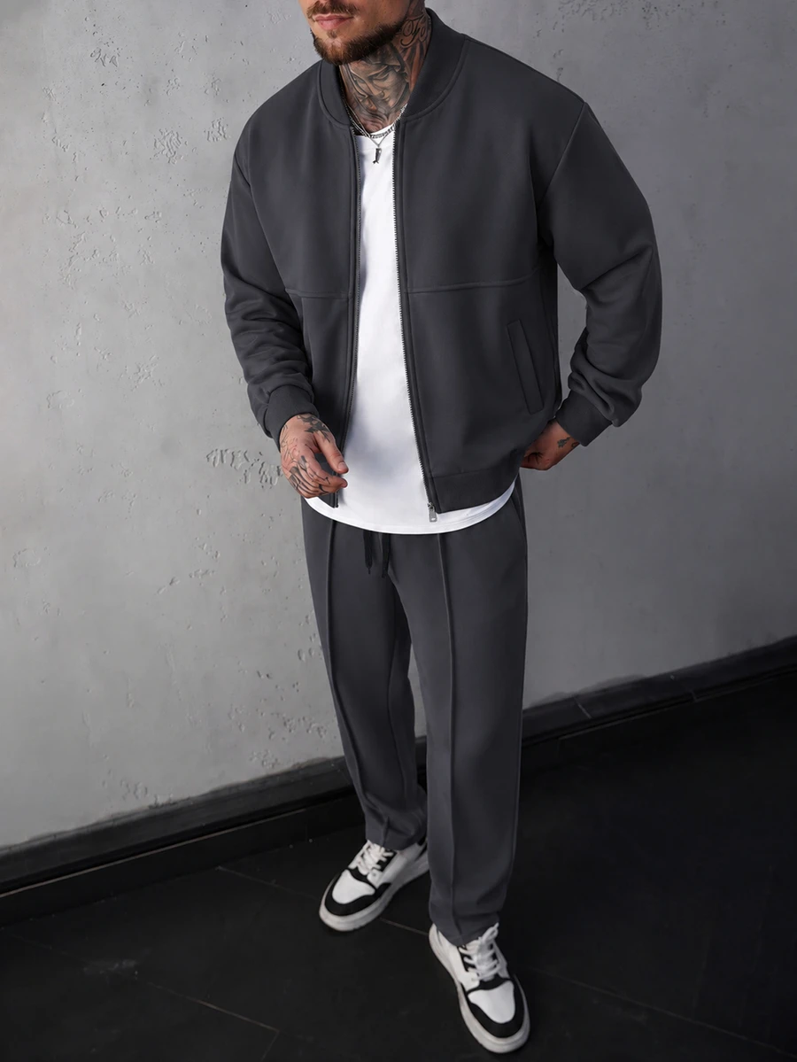 Manfinity CasualCool Men's Colorblock Baseball Collar Long Sleeve Jacket And Pants Casual Daily Set - Dark Grey - View 1