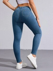 Flexra Celana Jeans Denim Slim Fit Kasual dengan Motif Cuci Gaya Y2K - Medium Wash - View 2