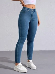Flexra Celana Jeans Denim Slim Fit Kasual dengan Motif Cuci Gaya Y2K - Medium Wash - View 6