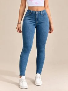 Flexra Celana Jeans Denim Slim Fit Kasual dengan Motif Cuci Gaya Y2K - Medium Wash - View 1