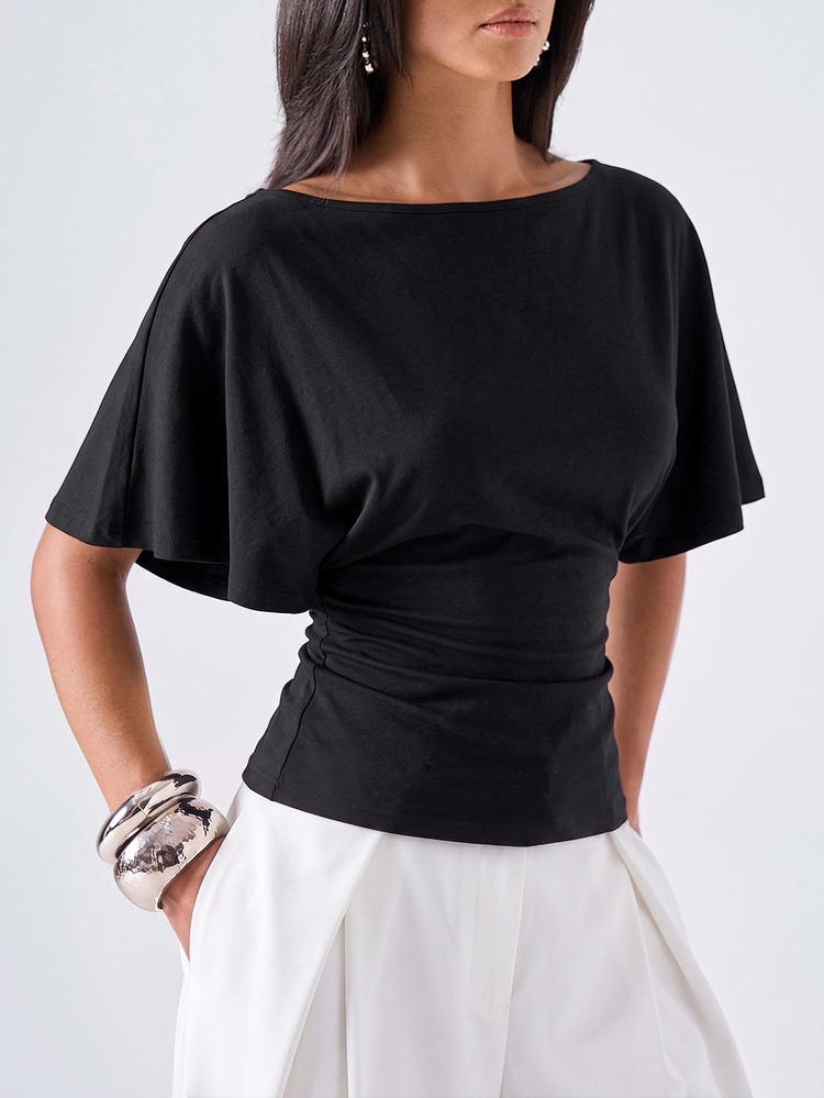 LYSMO Women's Fashion Commuter Dinner Office Date Solid Color Tie Waist Blouse Black Summer Elegant - Black - View 5
