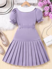 SHEIN Gaun Anak Perempuan Remaja dengan Kerah Warna Kontras, Lengan Pendek Mengembang, Hem Berlipit, Bahan Bertekstur, Kancing Tunggal - Purple - View 4