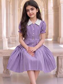 SHEIN Gaun Anak Perempuan Remaja dengan Kerah Warna Kontras, Lengan Pendek Mengembang, Hem Berlipit, Bahan Bertekstur, Kancing Tunggal - Purple - View 3