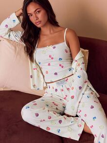 Athîral طقم بيجامة نسائي 3 قطع مع كارديجان مطبوع برسومات فواكه ملونة، كاميسول وبنطلون طويل - أبيض - مشاهدة 3