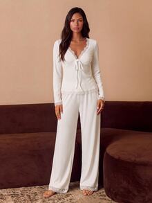 Athîral 2pcs/Set Women's Ribbed Fabric Pajama Set Including Lace Trim Pajamas - White - View 5