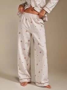 Athîral Bubble Crinkle Plaid Bear Print Cardigan Collar Pajama Set - Khaki - View 5