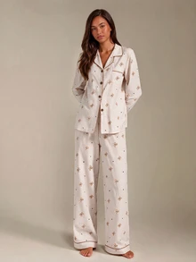Athîral Bubble Crinkle Plaid Bear Print Cardigan Collar Pajama Set - Khaki - View 4