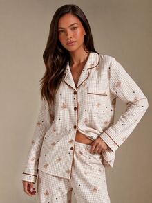Athîral Bubble Crinkle Plaid Bear Print Cardigan Collar Pajama Set - Khaki - View 1