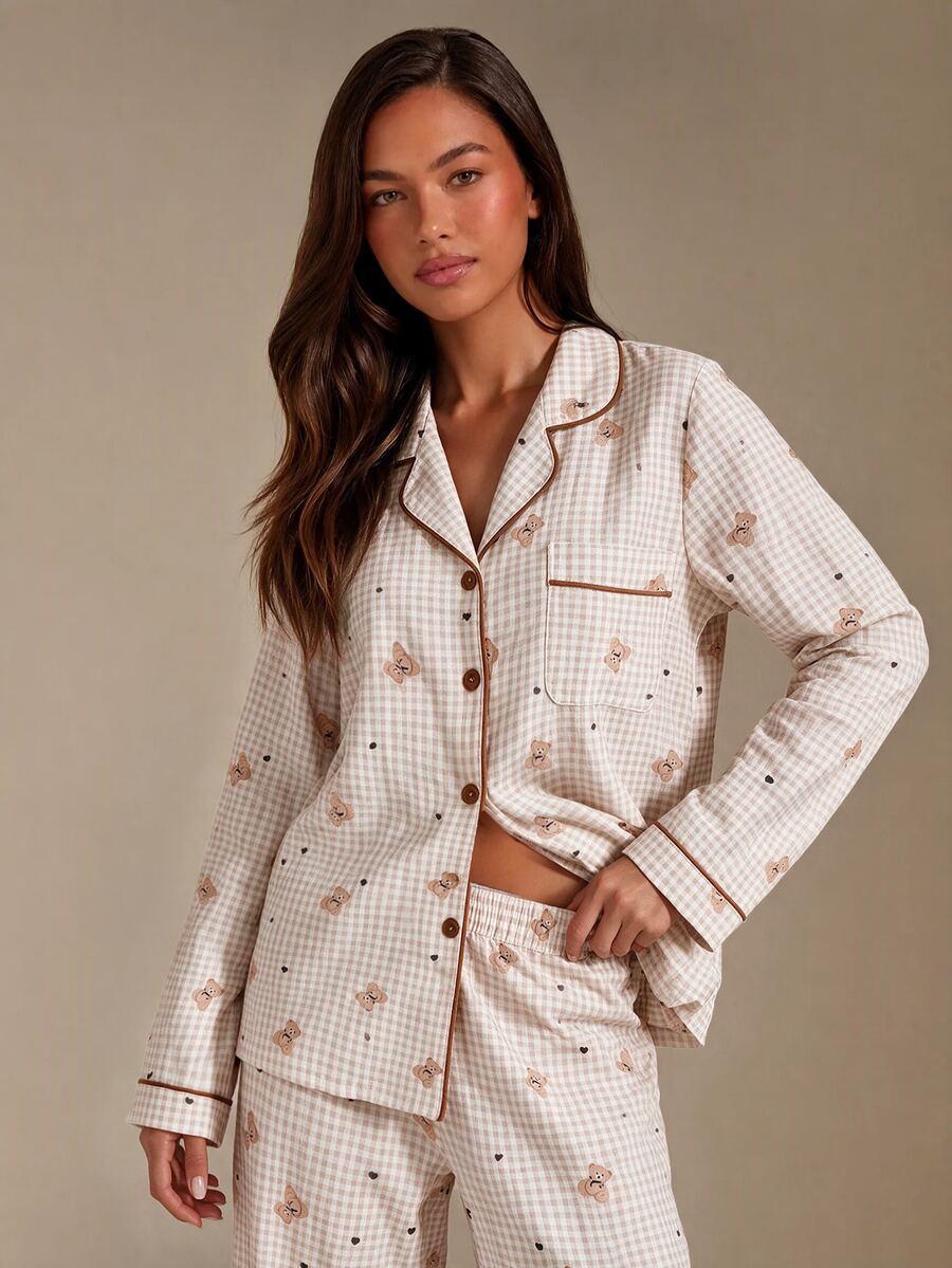 Athîral Bubble Crinkle Plaid Bear Print Cardigan Collar Pajama Set - Khaki - View 1