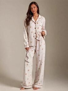 Athîral Bubble Crinkle Plaid Bear Print Cardigan Collar Pajama Set - Khaki - View 6