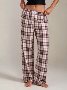 Athîral Women's Casual Plaid Print Elastic Waist Straight Leg Lounge Pants - Multicolor - View 1