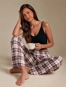 Athîral Women's Casual Plaid Print Elastic Waist Straight Leg Lounge Pants - Multicolor - View 2