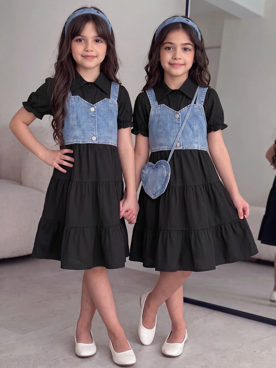 SHEIN Tween Girls Daily Sweet Style Ruffle Tiered Dress Solid Black Woven Puff Sleeve Shirt Dress And Blue Denim Sling Vest Two Pieces Outfit - Black - View 1