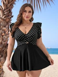 SHEIN Swim Curve Plus Size Polka Dot Print Patchwork Swimdress With Triangle Swimshorts - Multicolor - View 2