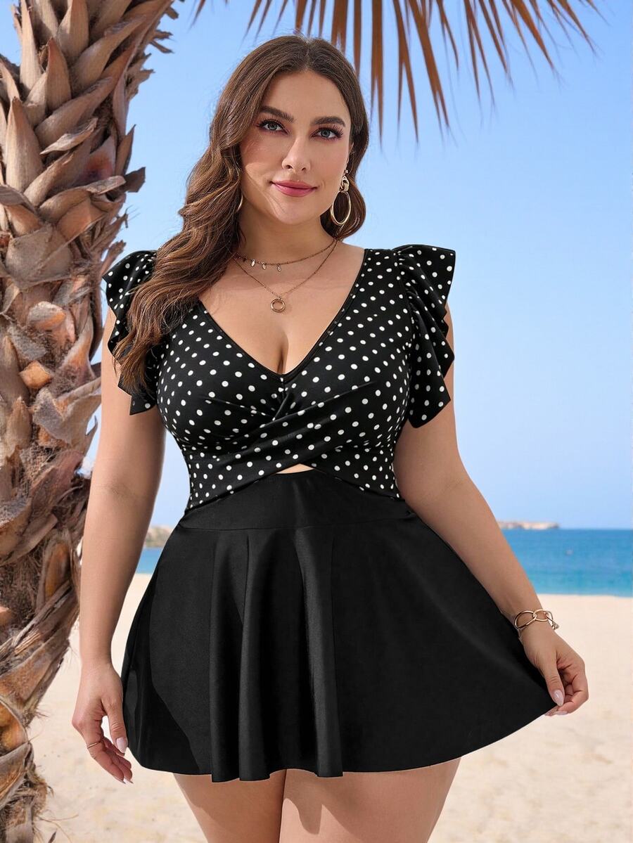 SHEIN Swim Curve Plus Size Polka Dot Print Patchwork Swimdress With Triangle Swimshorts