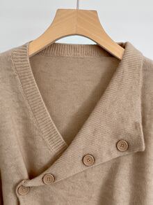 GlowEve Women's Asymmetric Diagonal Button Front Long Sleeve Ribbed Hem Fashion Casual French Elegant Versatile Cardigan Office Brunch Beige Fall - Khaki - View 5