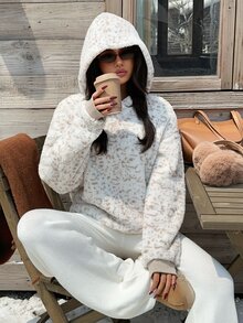 SHEIN EZwear 女款豹紋落肩長袖連帽抓絨衛衣，日常居家穿著，黑白豹紋，秋季休閒款 - 彩色 - 查看 5