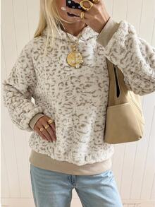 SHEIN EZwear 女款豹紋落肩長袖連帽抓絨衛衣，日常居家穿著，黑白豹紋，秋季休閒款 - 彩色 - 查看 1