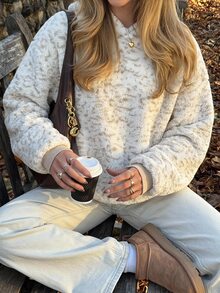 SHEIN EZwear 女款豹紋落肩長袖連帽抓絨衛衣，日常居家穿著，黑白豹紋，秋季休閒款 - 彩色 - 查看 8
