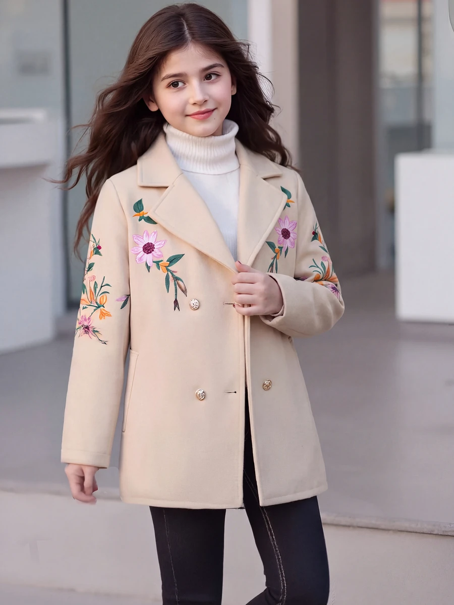 SHEIN Girls' Mid-Length Lapel Elegant Party Casual Jacket Fall Winter