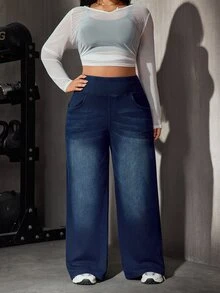 Flexra Plus Size Women's Straight Leg Commuter Casual Sports Loose Stretch Denim Jeans - Dark Wash - View 8