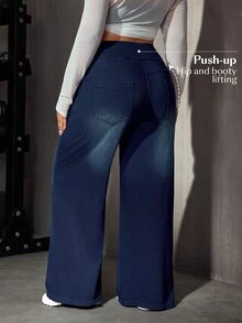 Flexra Plus Size Women's Straight Leg Commuter Casual Sports Loose Stretch Denim Jeans - Dark Wash - View 2