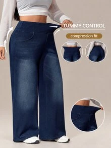 Flexra Plus Size Women's Straight Leg Commuter Casual Sports Loose Stretch Denim Jeans - Dark Wash - View 1