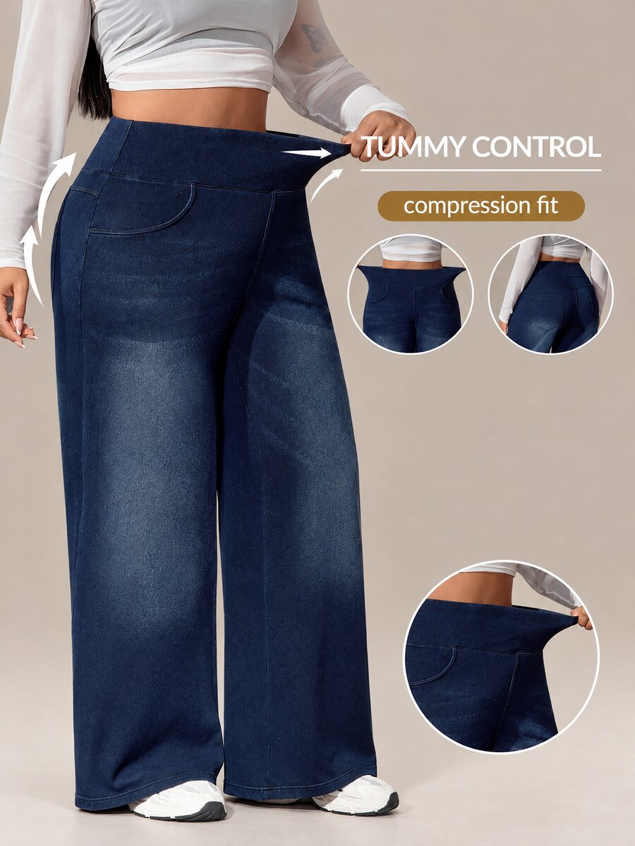 Flexra Plus Size Women's Straight Leg Commuter Casual Sports Loose Stretch Denim Jeans - Dark Wash - View 1