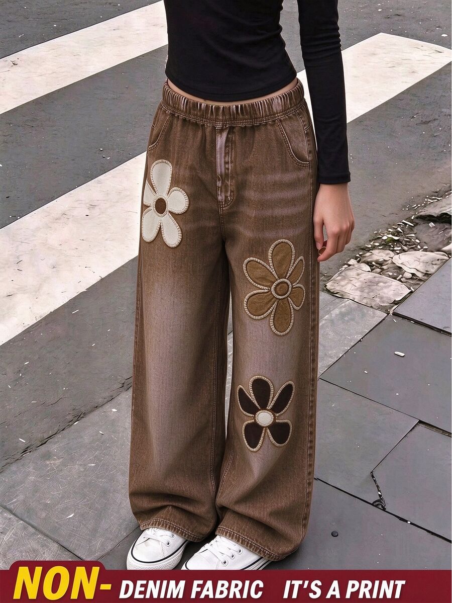 SHEIN Reset Phase Tween GirlsCasual Fashion Cartoon Print Faux Denim Elastic Waist Wide Leg Long Pants,Loose Fit Comfortable Practical Suitable For Autumn,Spring,Summer - Brown - View 1