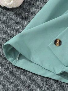 SHEIN 少女純色拼接短袖落肩連衣裙，翻領設計 - 綠色 - 查看 8