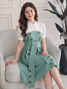 SHEIN 少女純色拼接短袖落肩連衣裙，翻領設計 - 綠色 - 查看 1