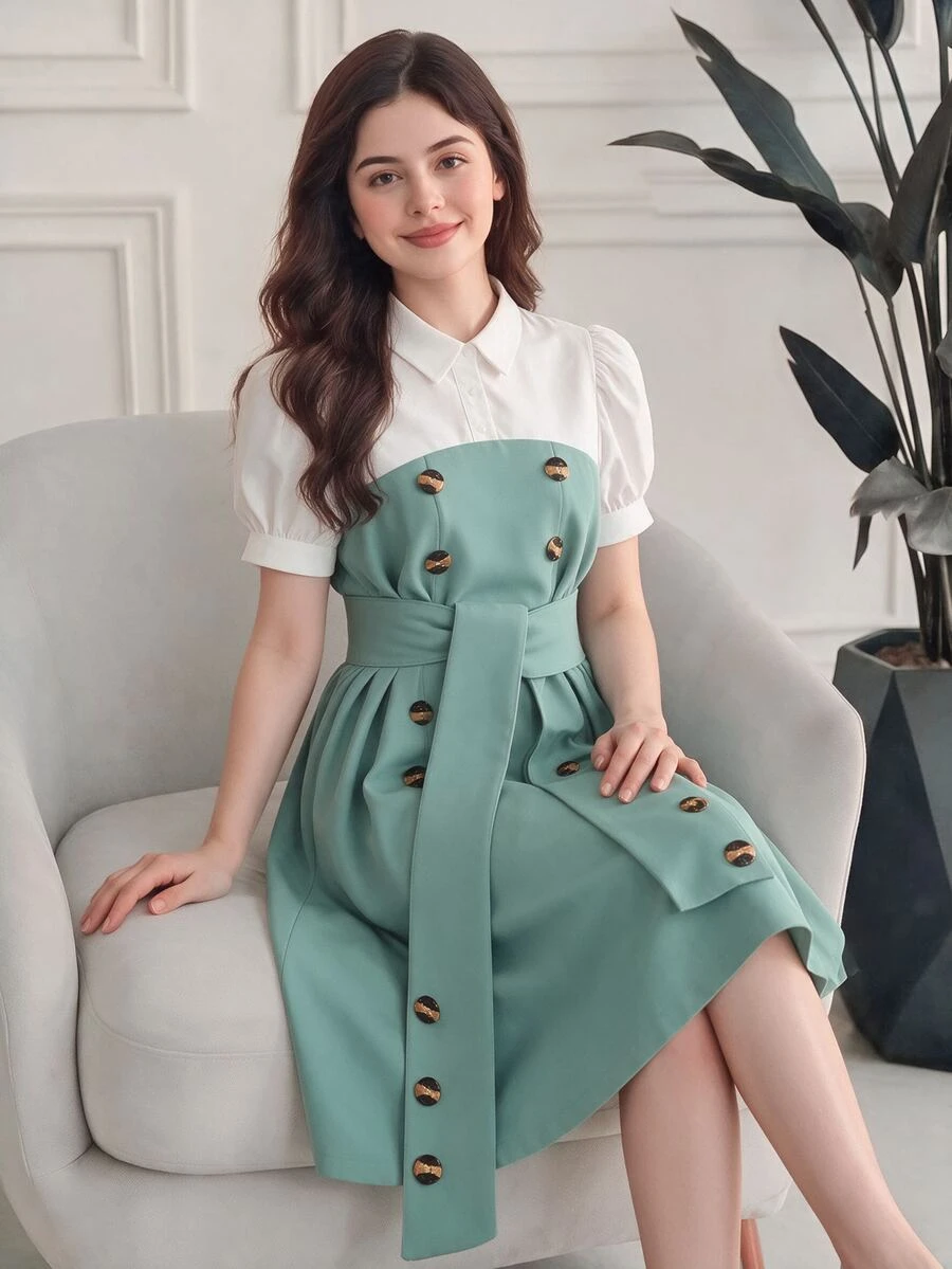SHEIN 少女純色拼接短袖落肩連衣裙,翻領設計 - 綠色 - 查看 1